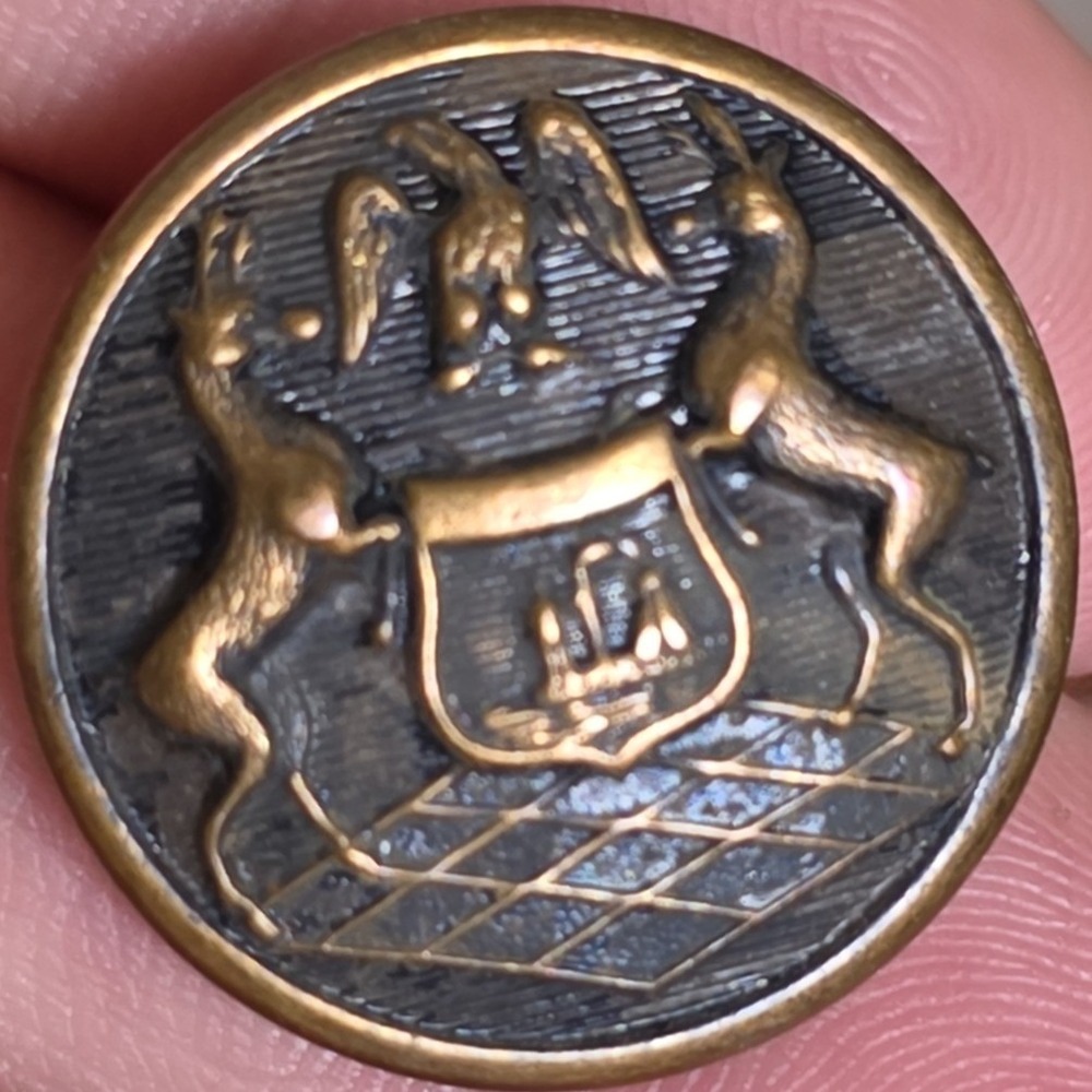 Waterbury Button Co Vintage Brass Heraldic Crest Stag Shield Shank Button USA